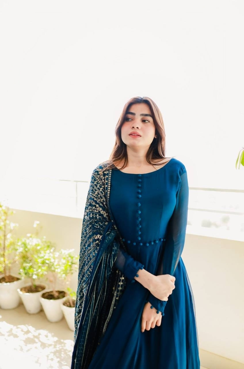 Teal Blue Color Gown With Heavy Sequence Work Dupatta Clothsvilla
