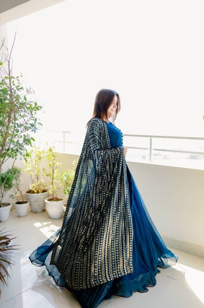 Teal Blue Color Gown With Heavy Sequence Work Dupatta Clothsvilla