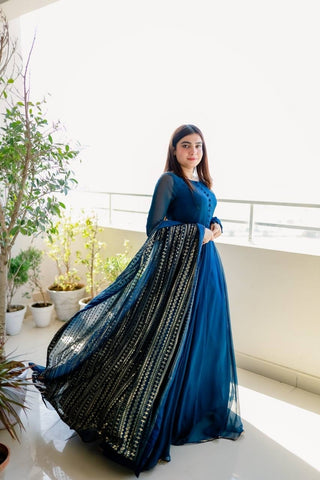 Teal Blue Color Gown With Heavy Sequence Work Dupatta Clothsvilla