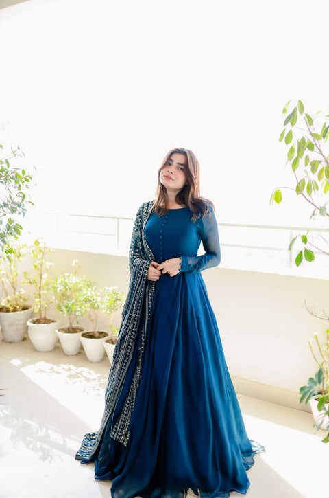 Teal Blue Color Gown With Heavy Sequence Work Dupatta Clothsvilla Main image
