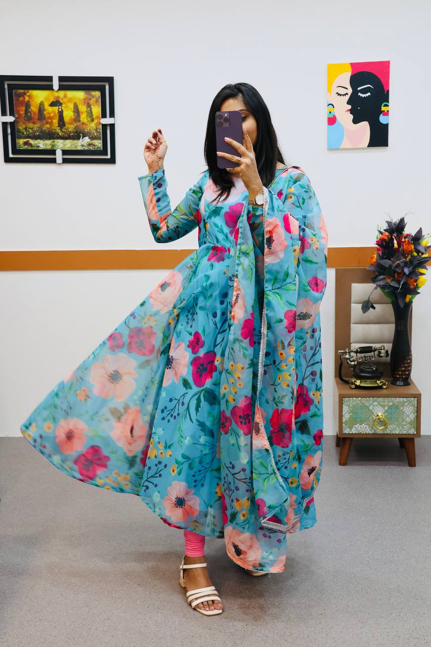 Organza Sky Blue Color Printed Pretty Anarkali Gown