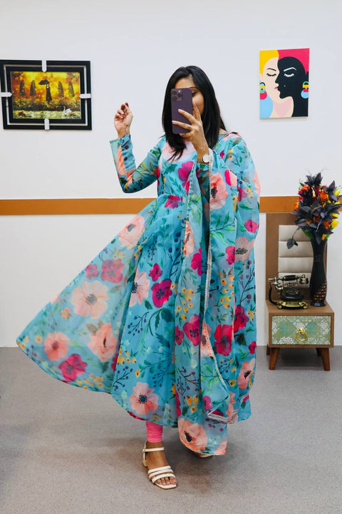 Organza Sky Blue Color Printed Pretty Anarkali Gown Main image