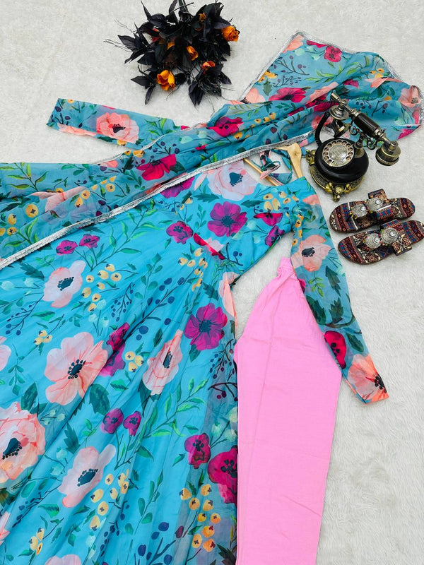 Organza Sky Blue Color Printed Pretty Anarkali Gown