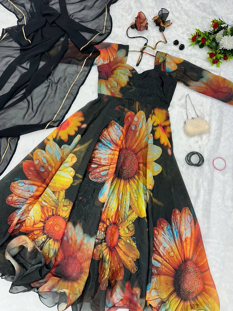 Organza Black Color Gown With Dupatta Main image