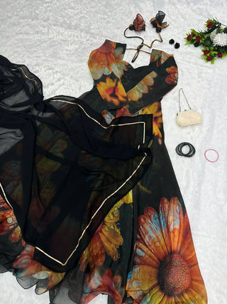 Organza Black Color Gown With Dupatta