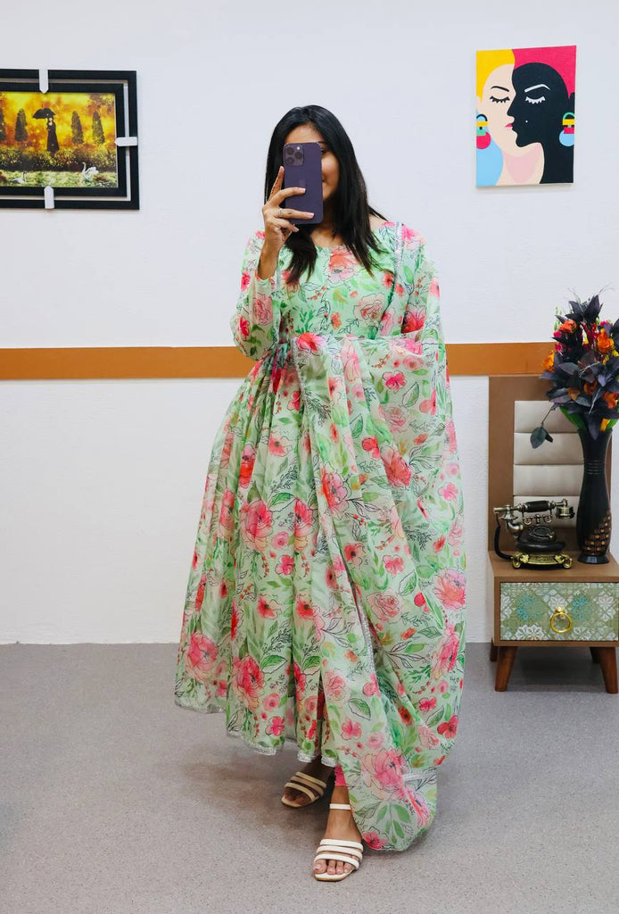 Flower Print Pista Green Color Anarkali Gown
