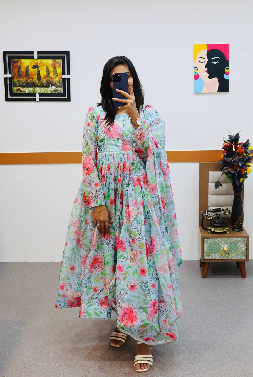 Flower Print Sky Blue Color Anarkali Gown Main image