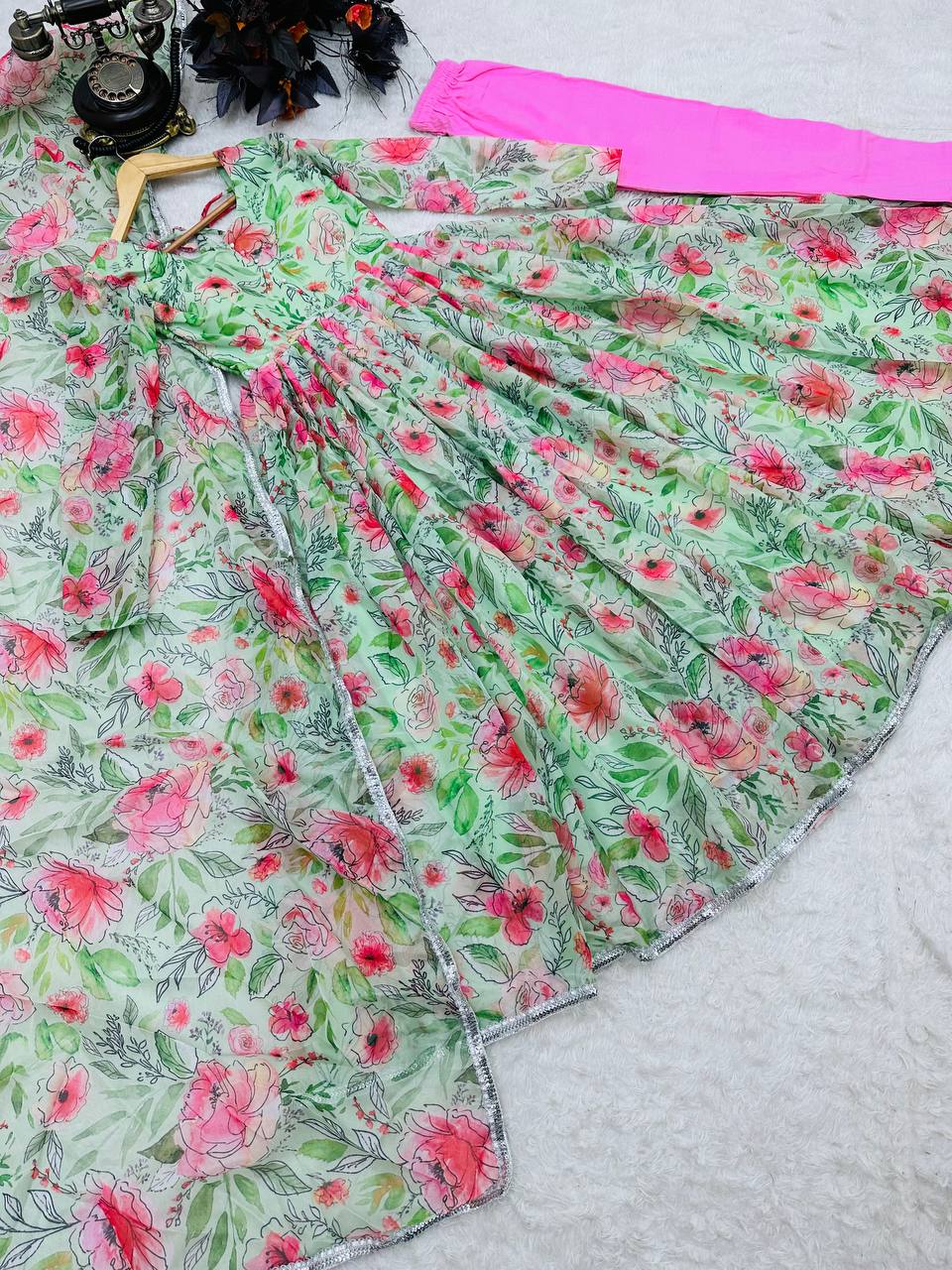 Flower Print Pista Green Color Anarkali Gown