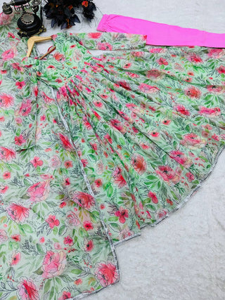 Flower Print Pista Green Color Anarkali Gown