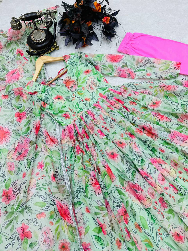 Flower Print Pista Green Color Anarkali Gown