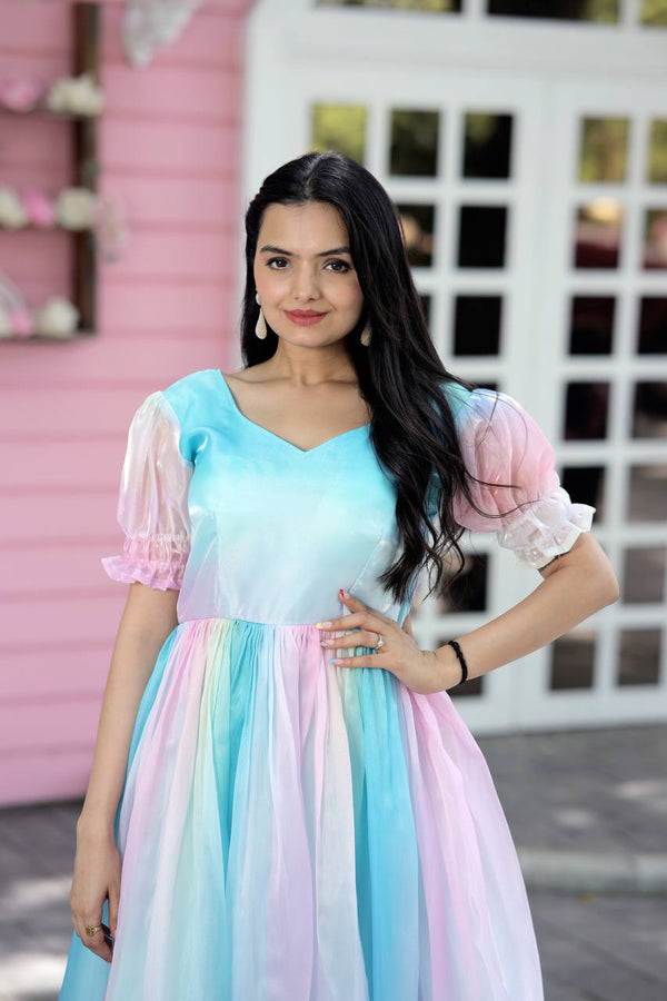 Fancy Puff Sleeves Multi Print Pretty Gown Clothsvilla
