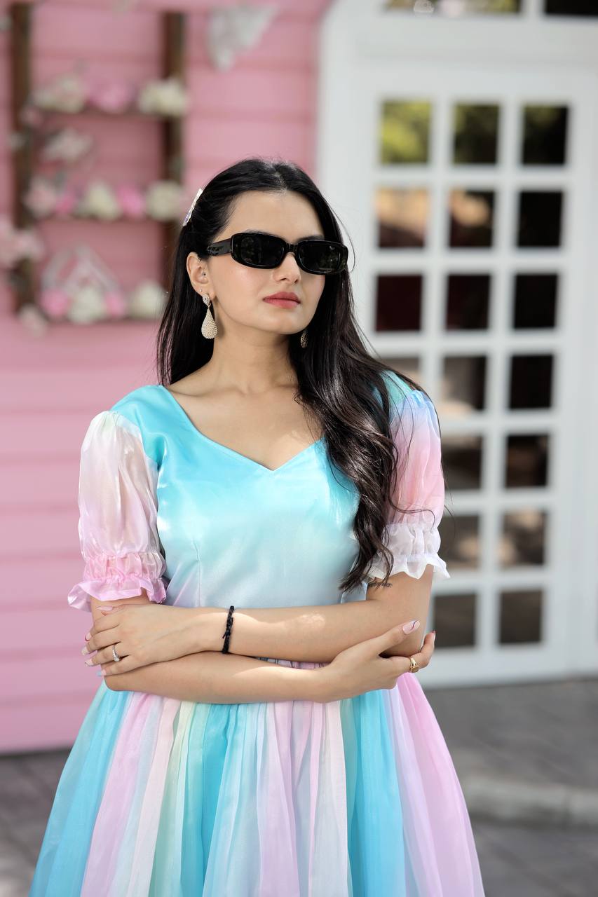 Fancy Puff Sleeves Multi Print Pretty Gown Clothsvilla