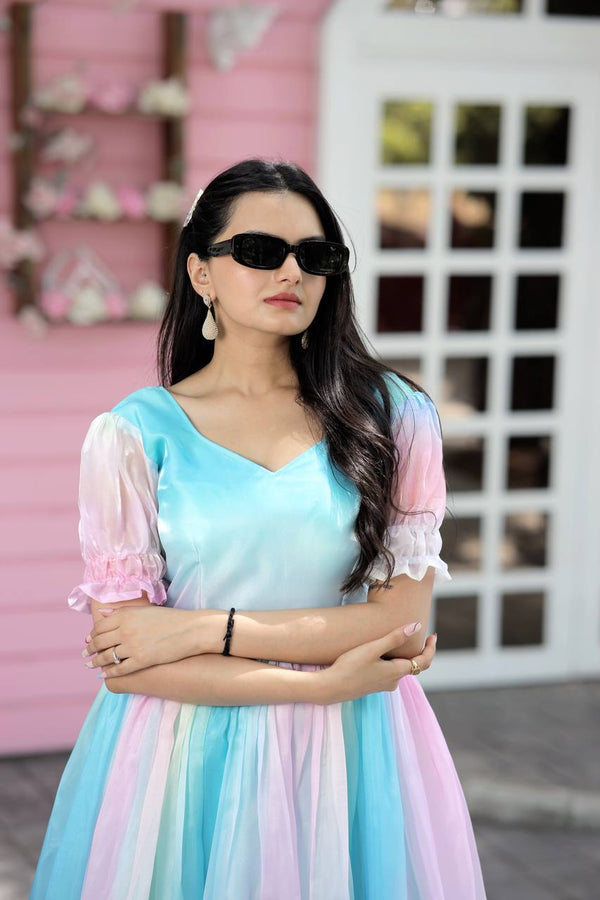 Fancy Puff Sleeves Multi Print Pretty Gown Clothsvilla