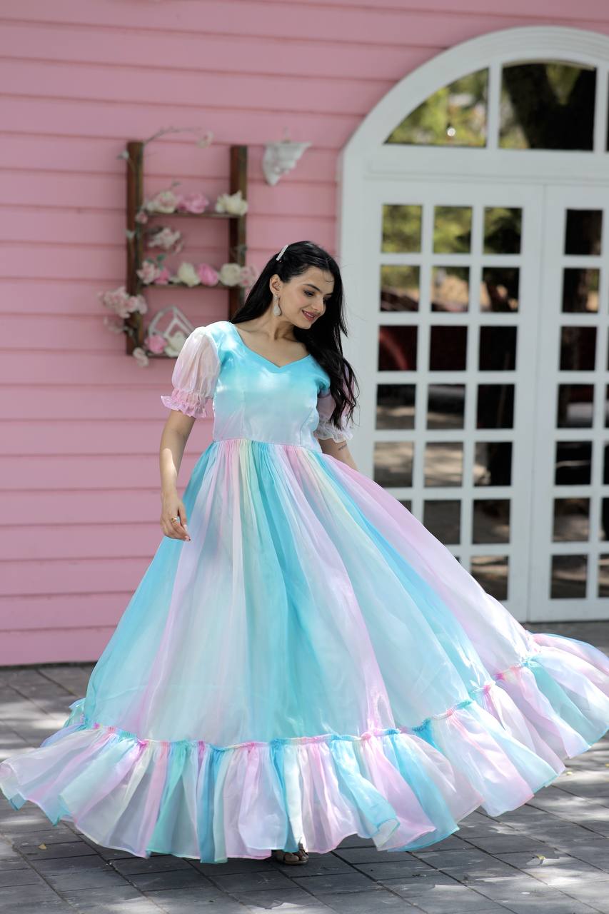 Fancy Puff Sleeves Multi Print Pretty Gown Clothsvilla