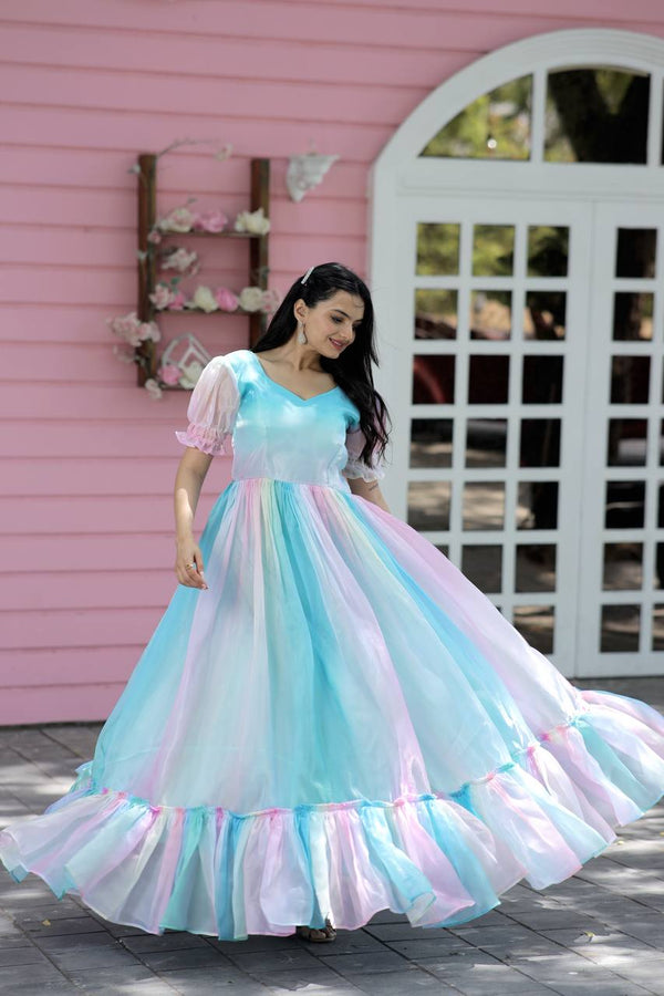 Fancy Puff Sleeves Multi Print Pretty Gown Clothsvilla