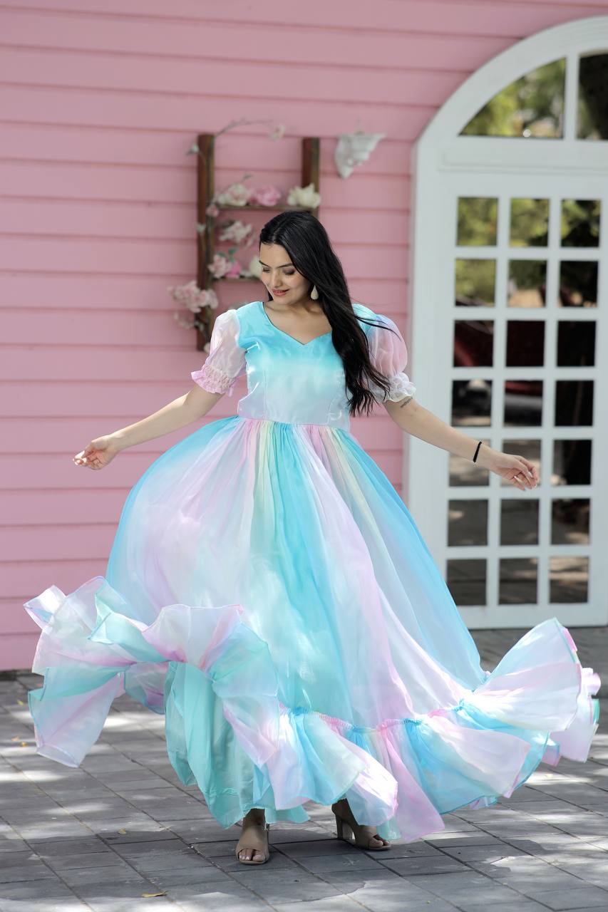 Fancy Puff Sleeves Multi Print Pretty Gown Clothsvilla