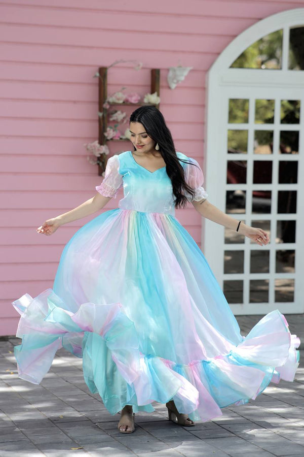 Fancy Puff Sleeves Multi Print Pretty Gown Clothsvilla