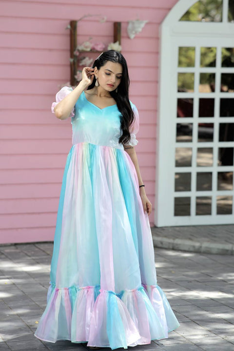 Fancy Puff Sleeves Multi Print Pretty Gown Clothsvilla Main image