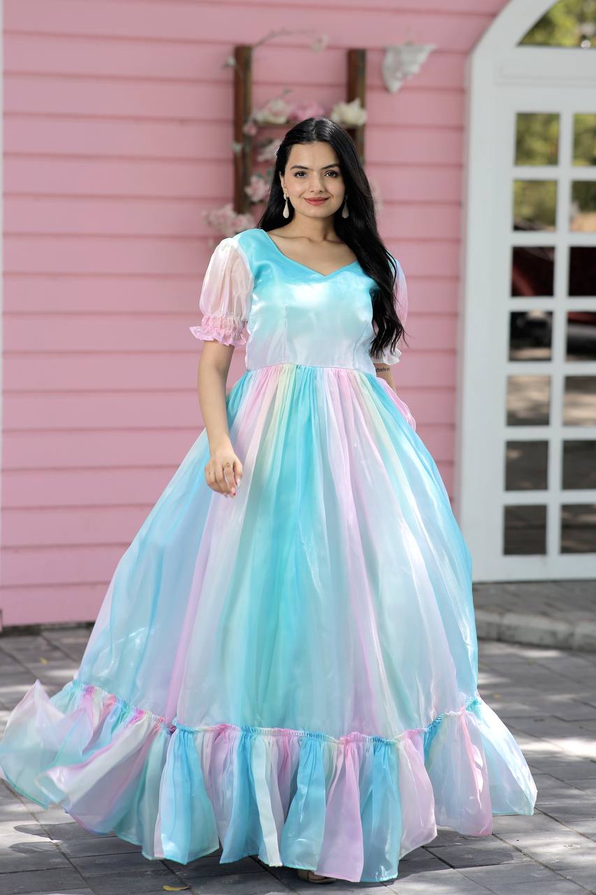 Fancy Puff Sleeves Multi Print Pretty Gown Clothsvilla