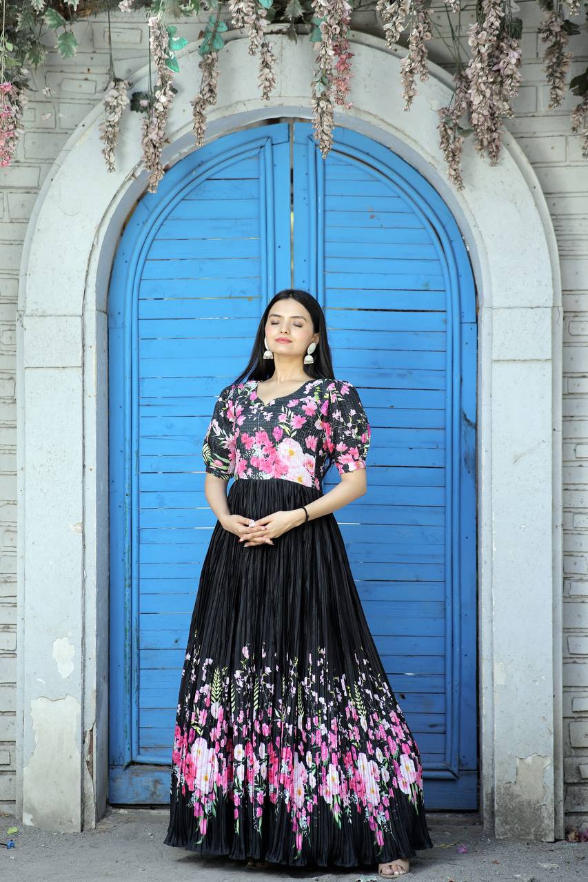 Rich Digital Print Black Color Crush Pleating Gown Clothsvilla Main image