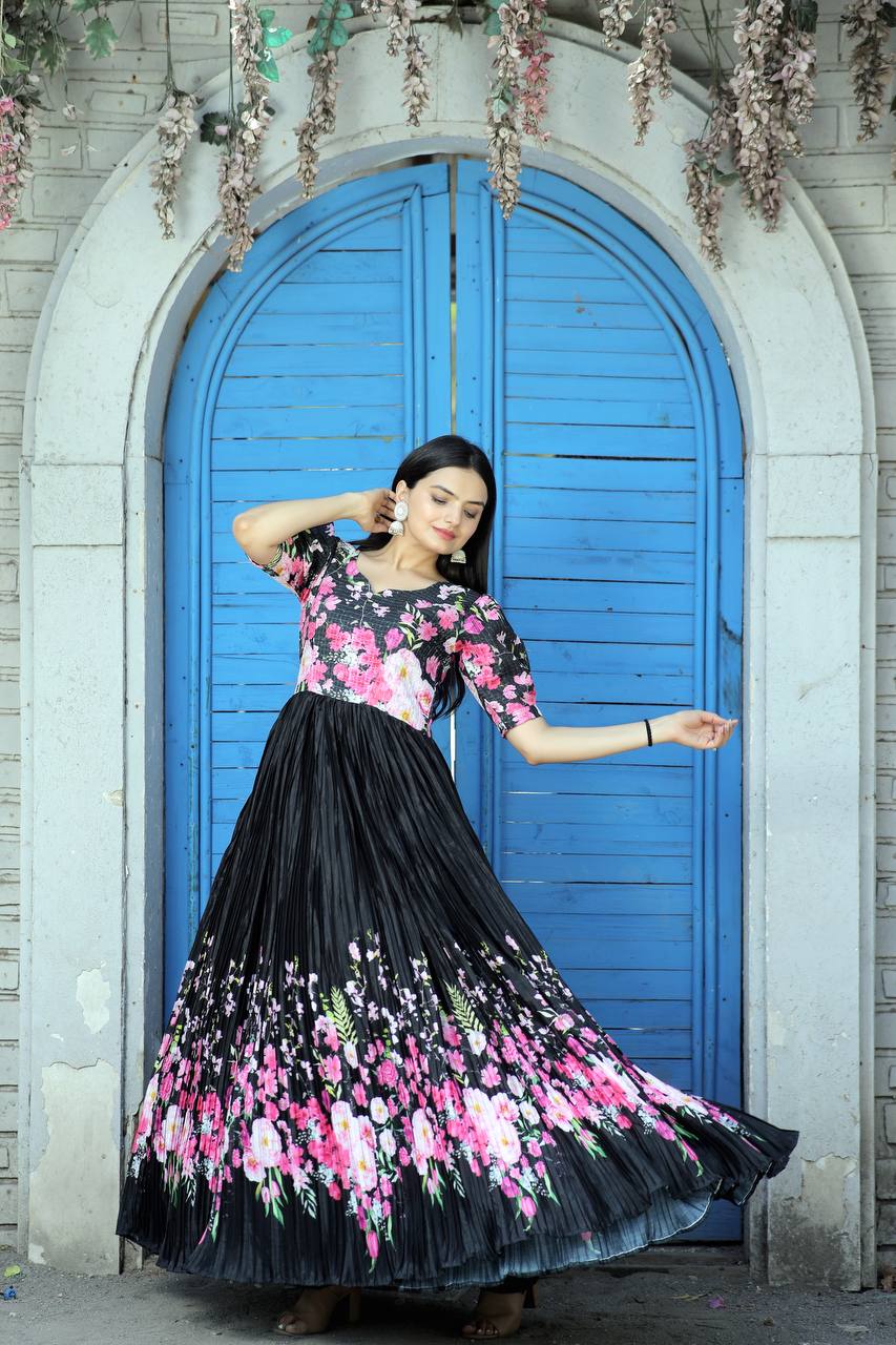 Rich Digital Print Black Color Crush Pleating Gown Clothsvilla