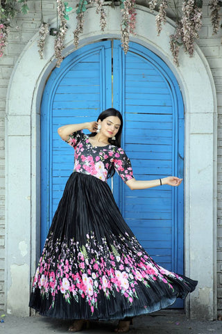 Rich Digital Print Black Color Crush Pleating Gown Clothsvilla