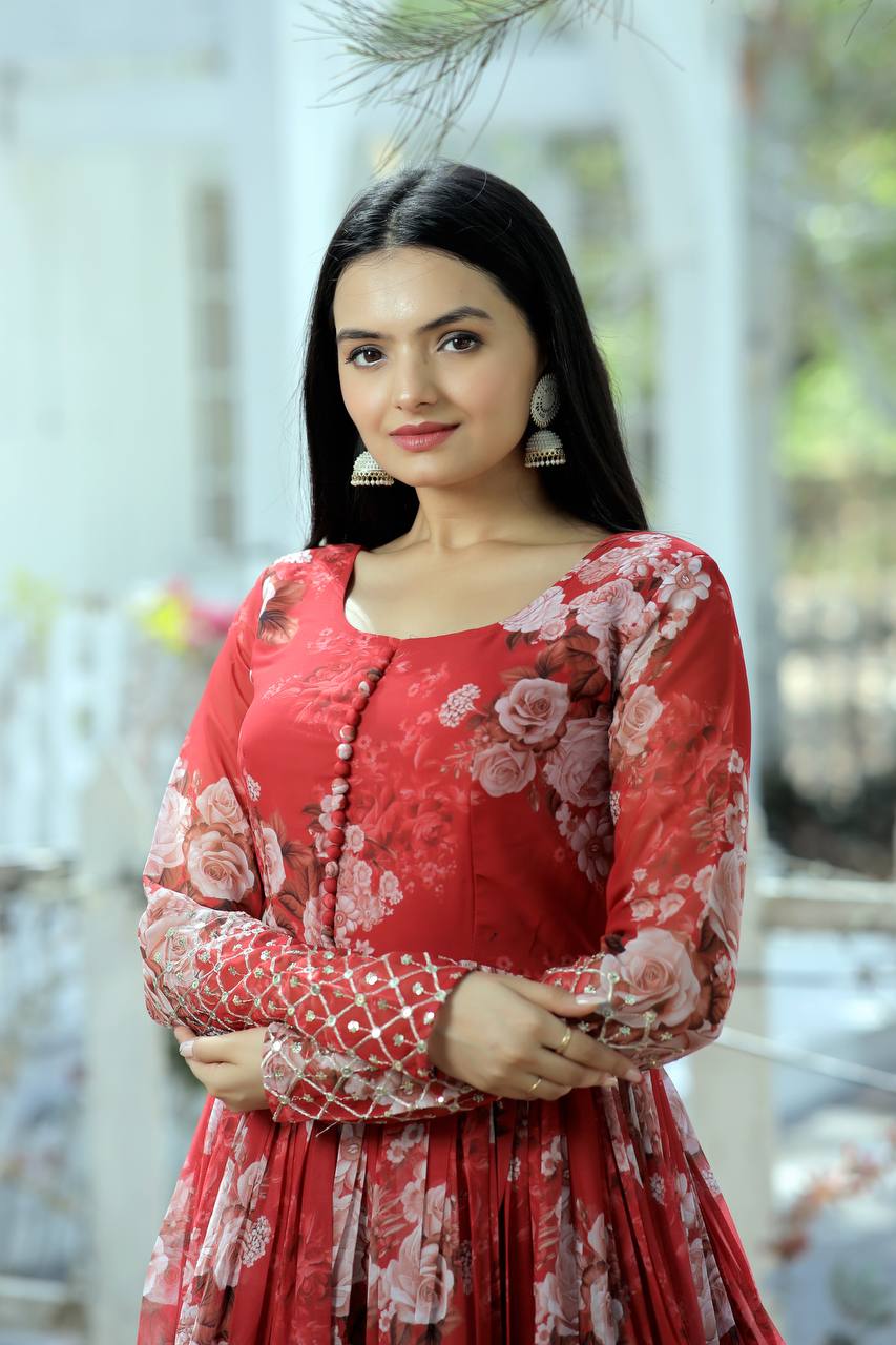 Full Sleeves Sequence Work Red Color Gown Clothsvilla