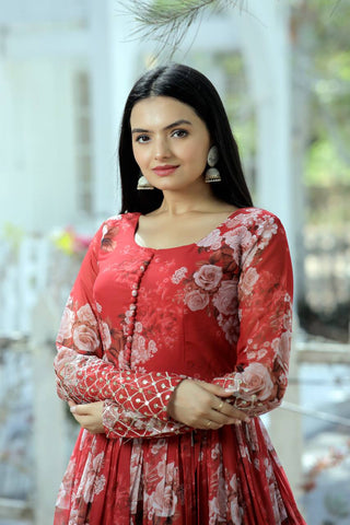 Full Sleeves Sequence Work Red Color Gown Clothsvilla