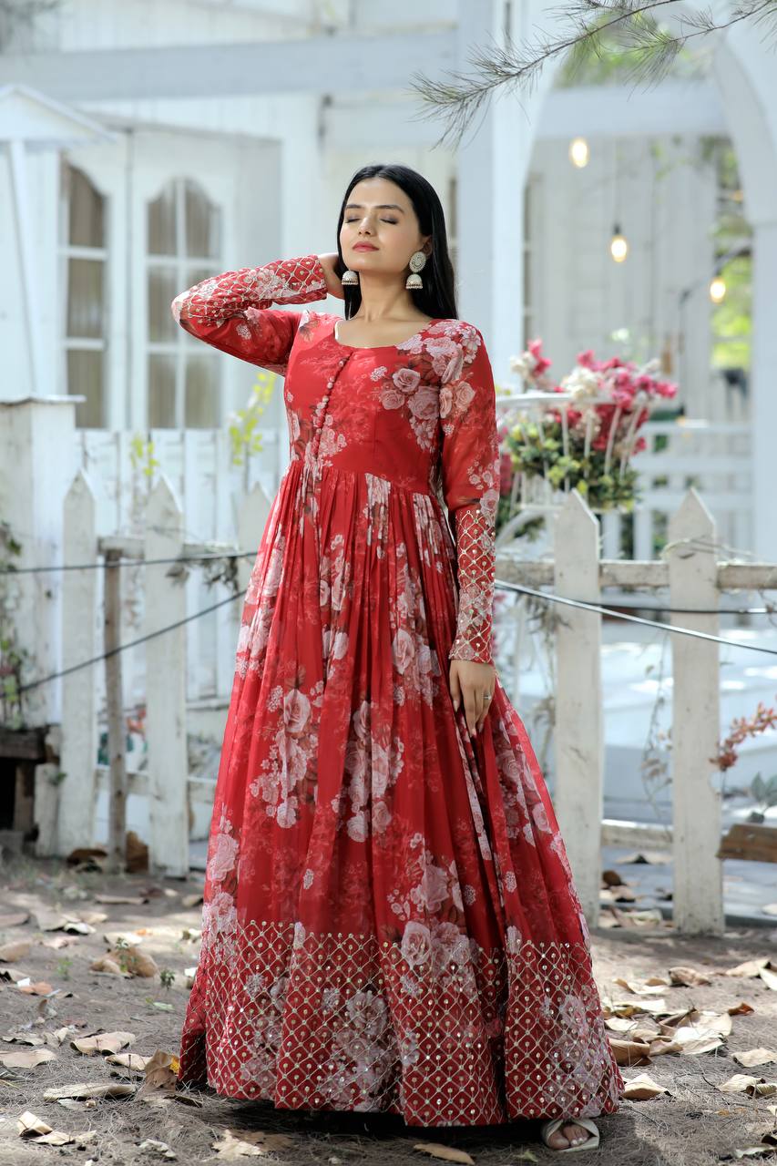 Full Sleeves Sequence Work Red Color Gown Clothsvilla