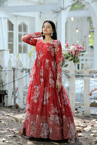 Full Sleeves Sequence Work Red Color Gown Clothsvilla