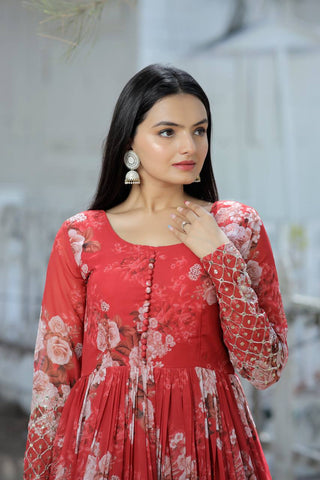 Full Sleeves Sequence Work Red Color Gown Clothsvilla