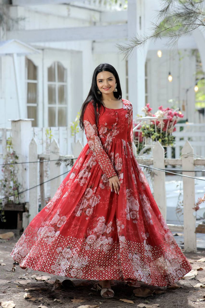 Full Sleeves Sequence Work Red Color Gown Clothsvilla