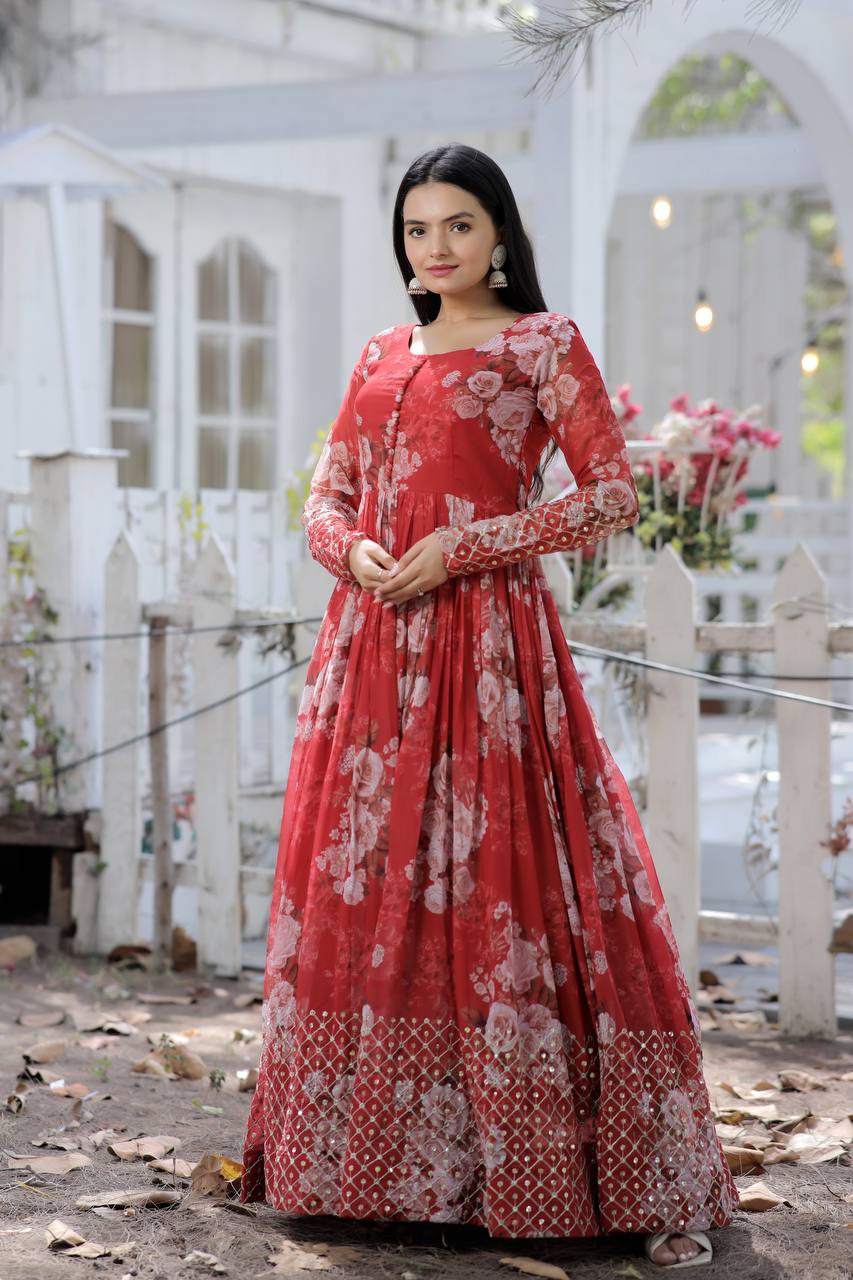 Full Sleeves Sequence Work Red Color Gown Clothsvilla