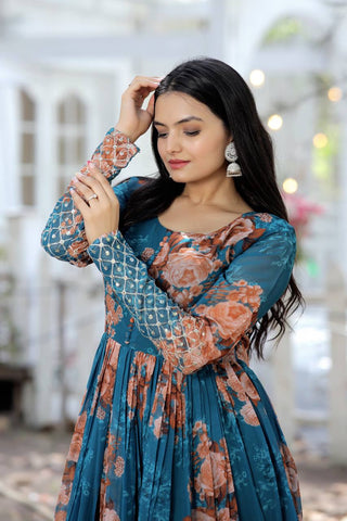 Full Sleeves Sequence Work Teal Blue Color Gown Clothsvilla