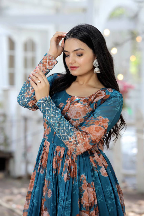 Full Sleeves Sequence Work Teal Blue Color Gown Clothsvilla