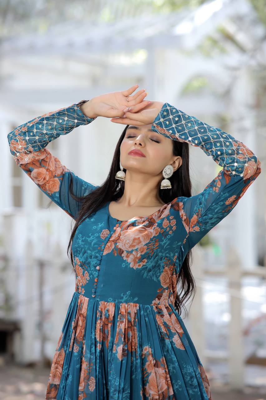 Full Sleeves Sequence Work Teal Blue Color Gown Clothsvilla