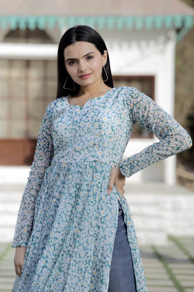 White color Cotton Party Wear Kurti with Print