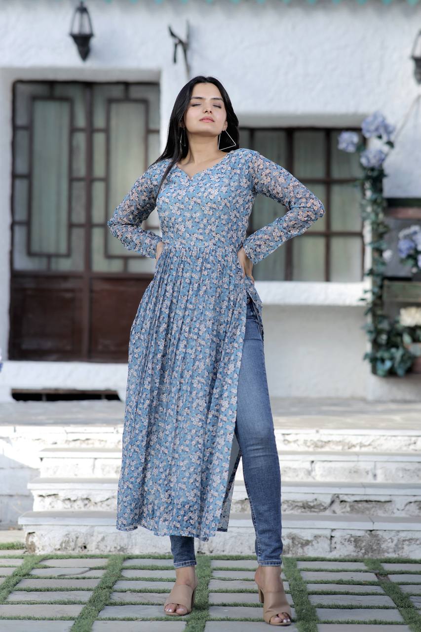 Gray Color Nayra cut Wonderful Kurti Clothsvilla
