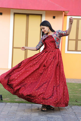 Wedding Wear Maroon Color Koti Pattern Gown Clothsvilla