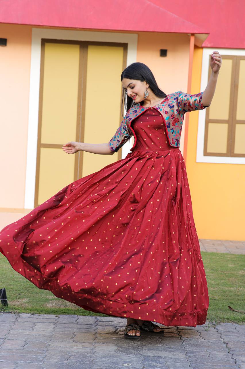 Wedding Wear Maroon Color Koti Pattern Gown Clothsvilla