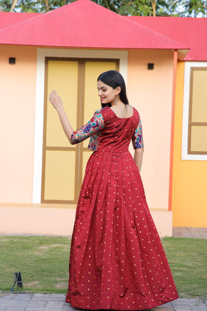 Wedding Wear Maroon Color Koti Pattern Gown Clothsvilla
