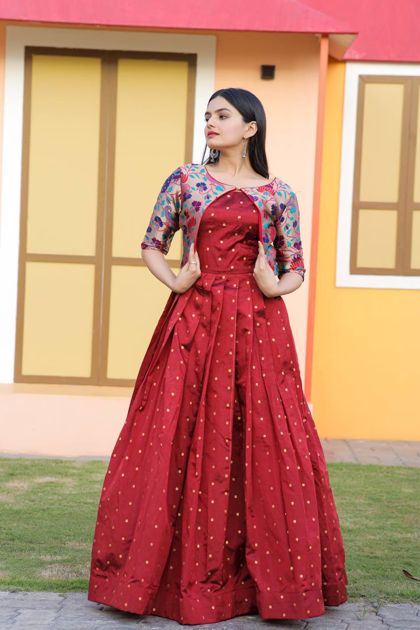 Wedding Wear Maroon Color Koti Pattern Gown Clothsvilla