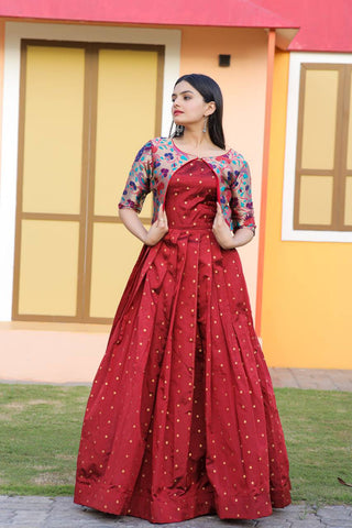 Wedding Wear Maroon Color Koti Pattern Gown Clothsvilla