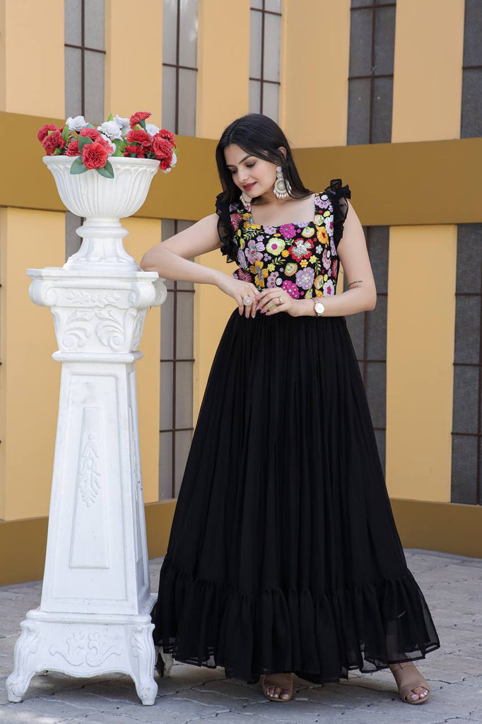 Party Wear Black Color Embroidered work Gown Clothsvilla