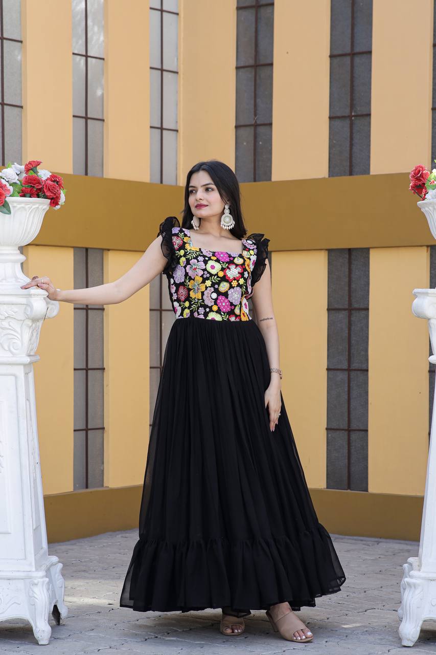 Party Wear Black Color Embroidered work Gown Clothsvilla