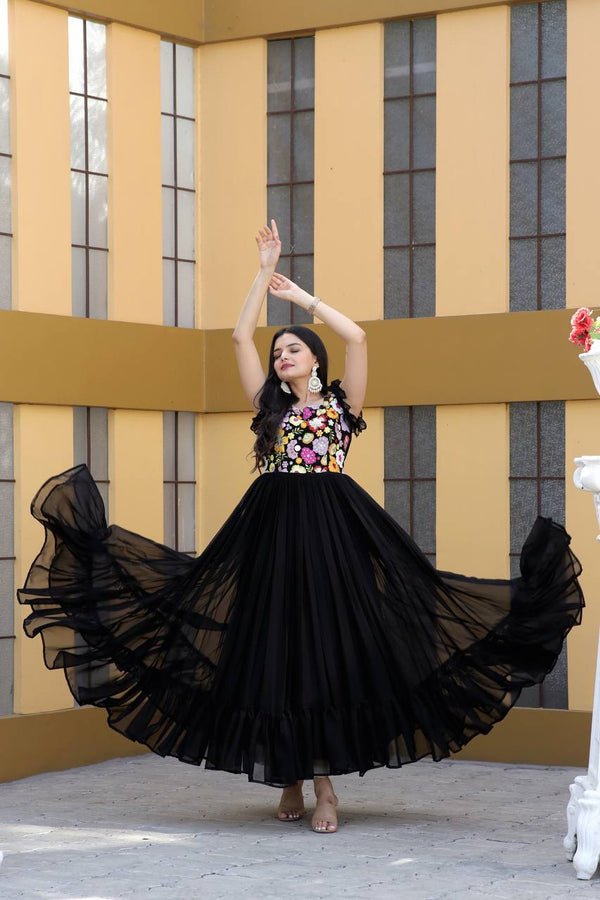 Party Wear Black Color Embroidered work Gown Clothsvilla