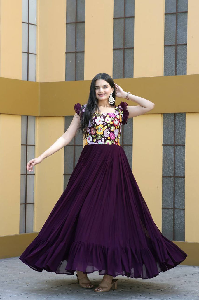 Party Wear Wine Color Embroidered work Gown Clothsvilla