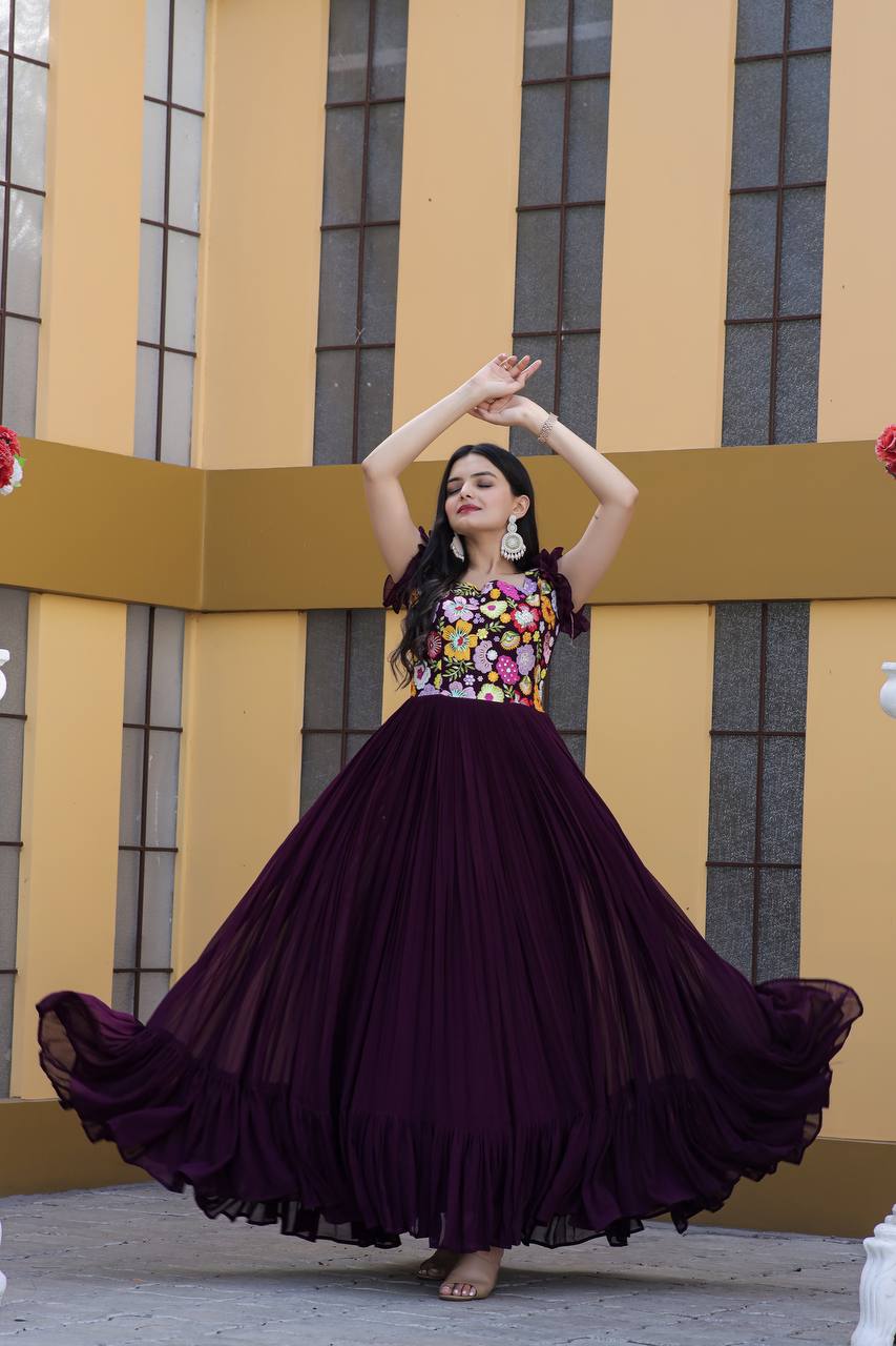 Party Wear Wine Color Embroidered work Gown Clothsvilla