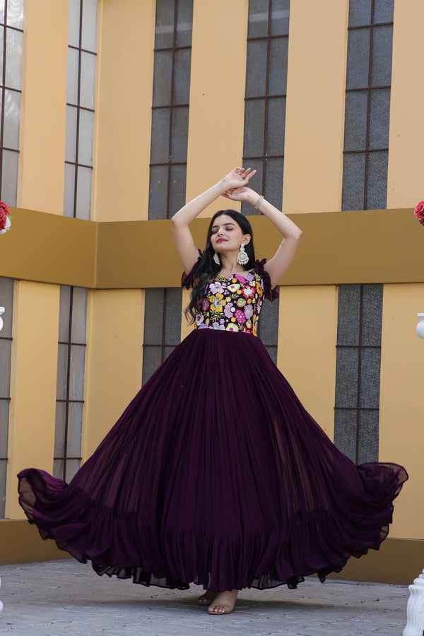 Party Wear Wine Color Embroidered work Gown Clothsvilla