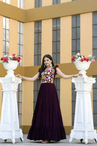 Party Wear Wine Color Embroidered work Gown Clothsvilla
